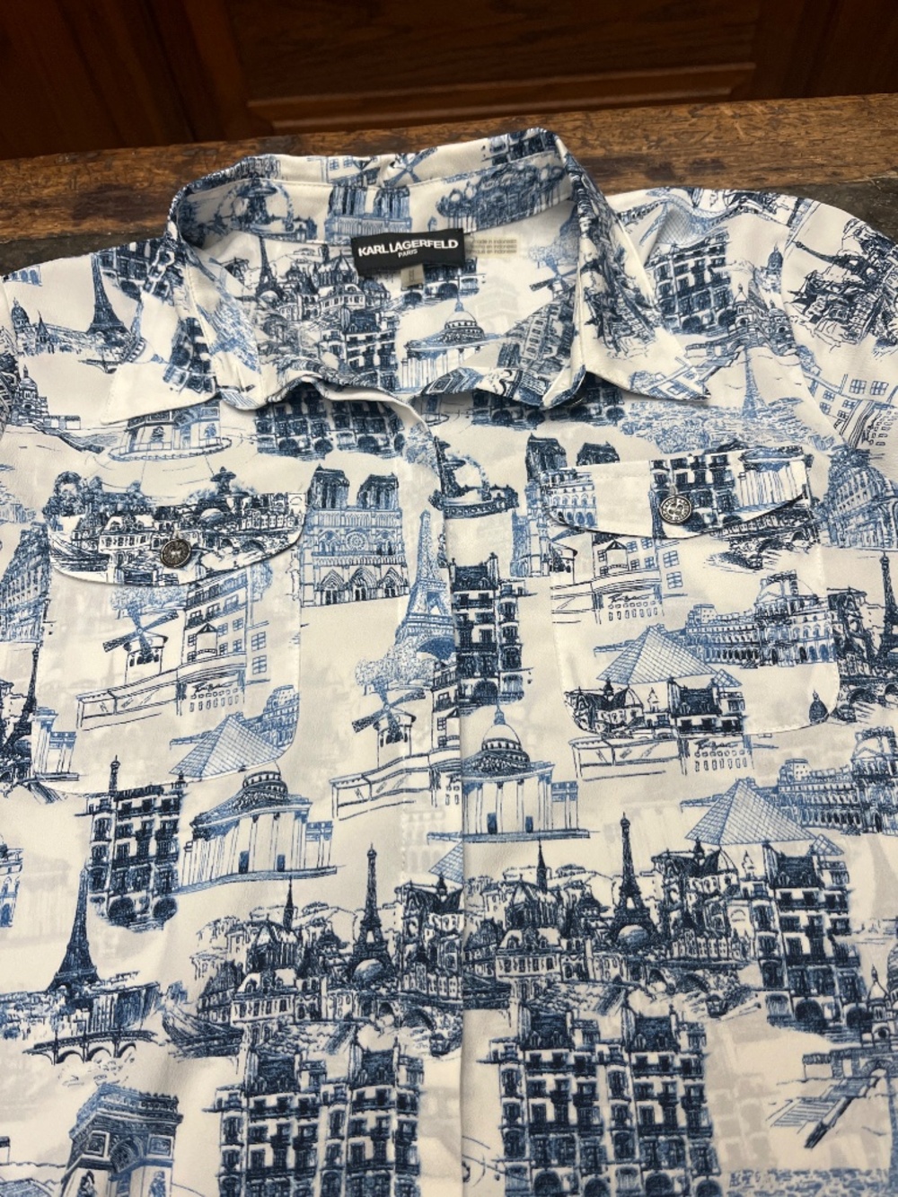 NWOT Karl Lagerfeld Blue/White Parisian City Scape Button Down Shirt. Sz.M. - Picture 10 of 14